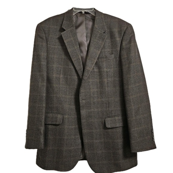 Jos A Bank 100% Wool Brown Blazer Men's 44L Windowpane Plaid Classic Sport Coat